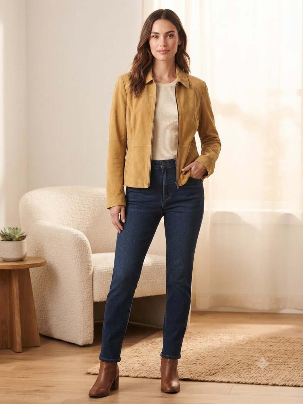 George Designs by Mark Eisen Women's Genuine Leather Suede Jacket Saddle